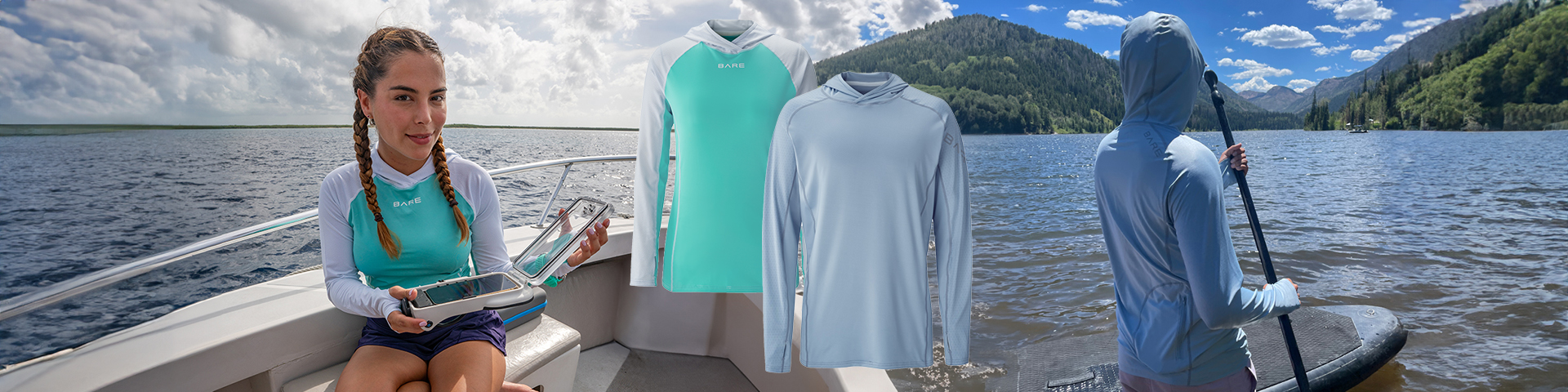 Eclips-Hooded-Rashguard on background with woman on boat and man on paddle board